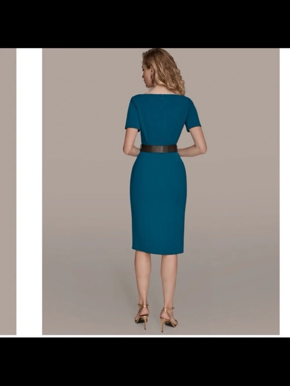 Donna Karan Teal V-Neck Midi Sheath Dress with Front Slits